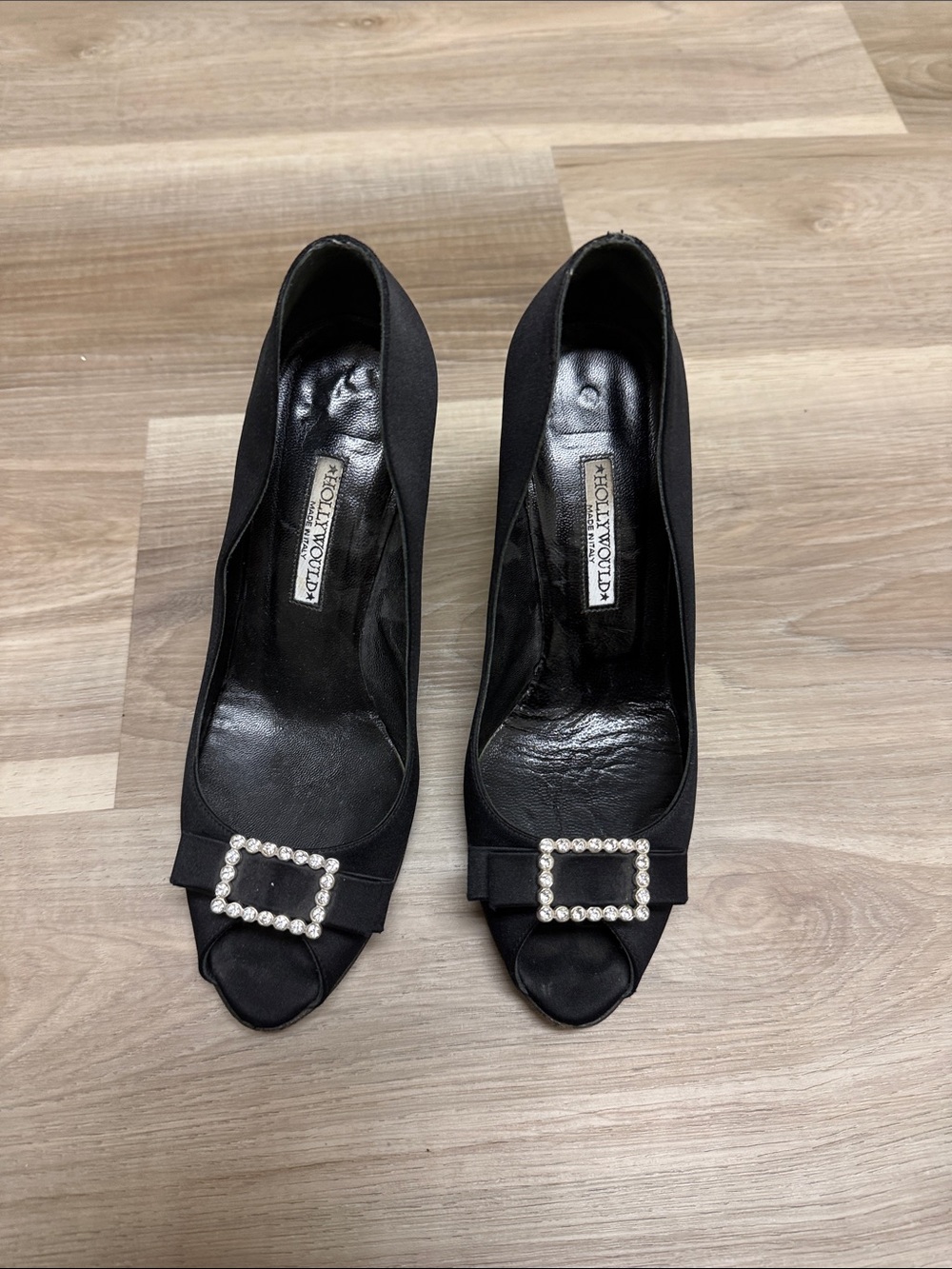 Black Satin Peep-Toe Heels with Rhinestone Buckle